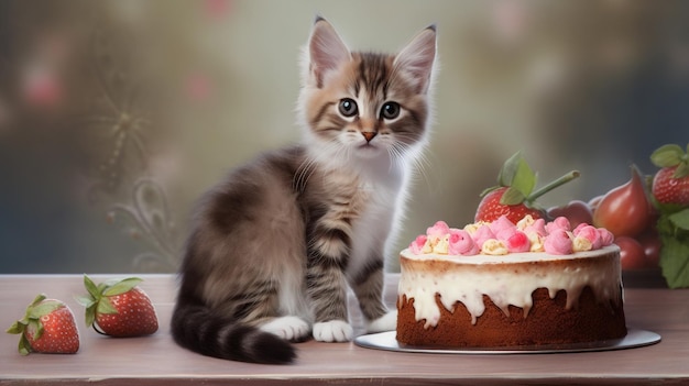 Un gatito se sienta al lado de un pastel con cobertura de fresa.