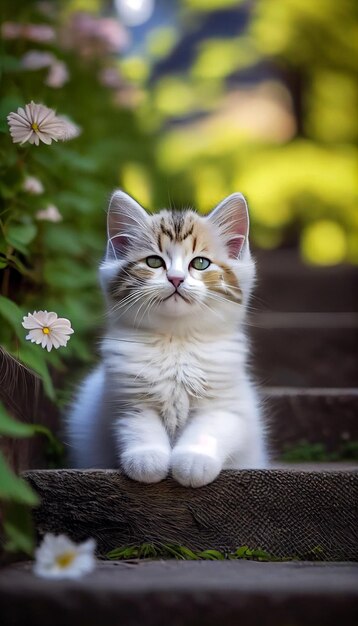 Un gatito se sienta en un escalón frente a las flores.