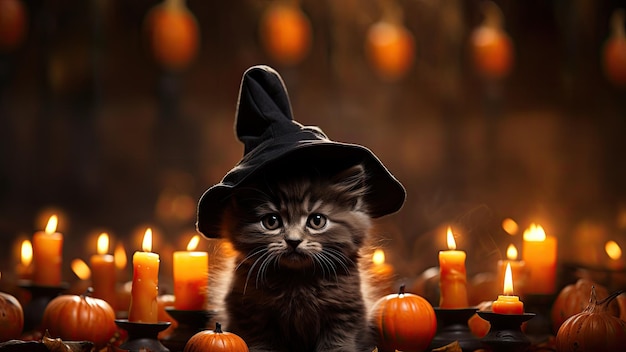 Foto el gatito se sienta en el sombrero de bruja junto a las calabazas