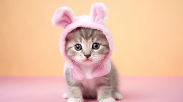 Un gatito con un sombrero de conejito se sienta sobre un fondo rosa.