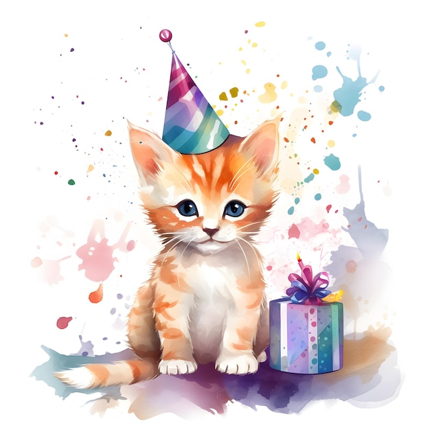 Un gatito con un sombrero de cumpleaños se sienta al lado de un regalo.