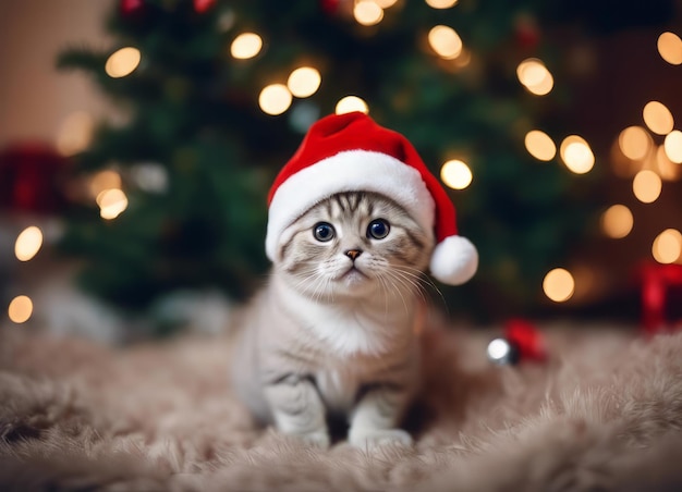 Un gatito con un sombrero de Papá Noel y un lazo en el cuello se sienta bajo el árbol de Año Nuevo entre Años Nuevos