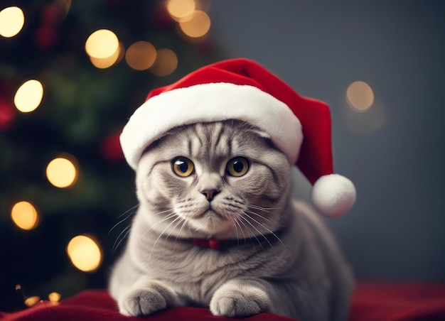 Foto un gatito con un sombrero de papá noel y un lazo en el cuello se sienta bajo el árbol de año nuevo entre años nuevos