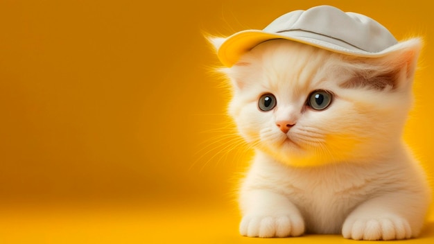 Un gatito con sombrero y sombrero amarillo.