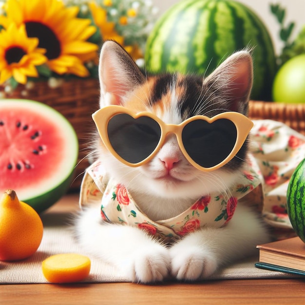 El gatito de la sonrisa feliz lleva gafas de sol con un disfraz de la temporada de verano aislado en el fondo