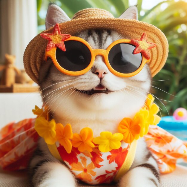 Foto el gatito de la sonrisa feliz lleva gafas de sol con un disfraz de la temporada de verano aislado en el fondo