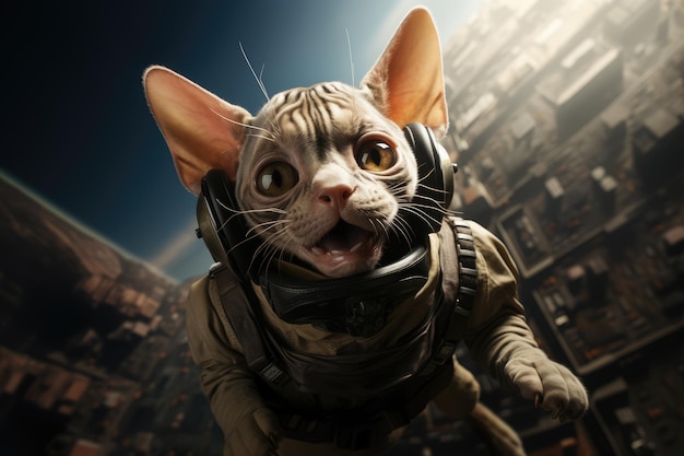 un gatito sphynx participando en una aventura al aire libre llena de adrenalina generada por IA