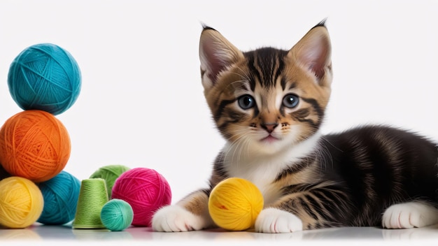 un gatito con un suéter colorido y bolas de hilo