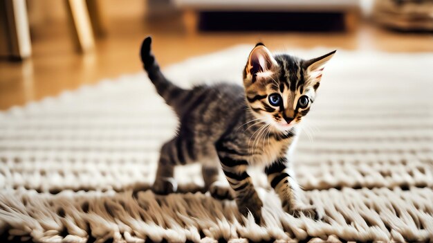 Un gatito tabby juguetón persiguiendo su propia cola en círculos en una alfombra de peluche sus grandes ojos anchos