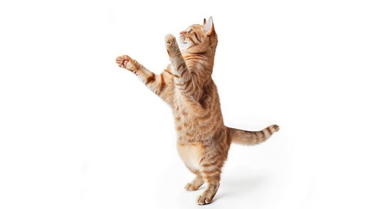 El gatito tabby juguetón de pie en las patas traseras
