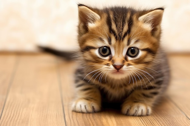 un gatito tirado en un piso de madera