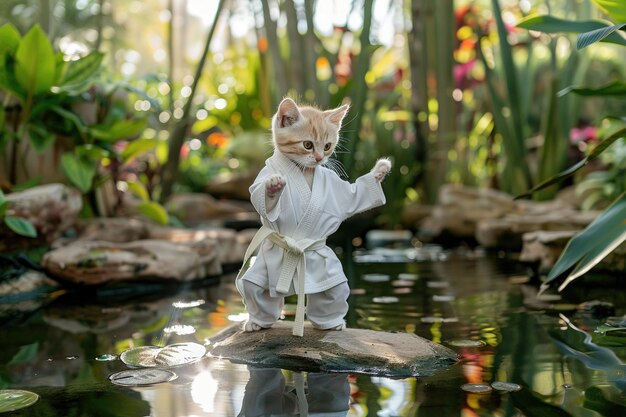 Un gatito en un uniforme blanco de karate posando en una postura de artes marciales