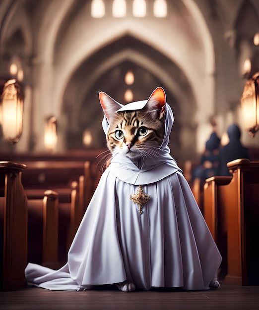 Gatito vestido como monja en la iglesia arte generativo de AI