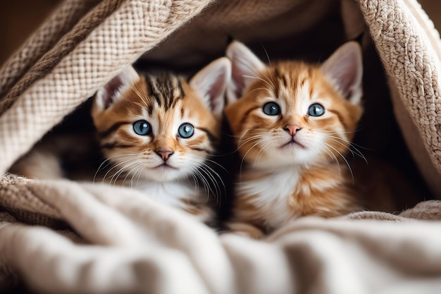 Gatitos acurrucados debajo de una manta