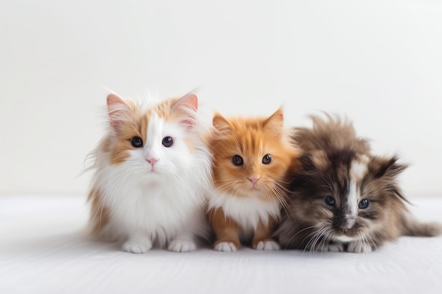 Los gatitos adorables con el pelo peludo sentados en una superficie blanca con dos conejillos de Indias