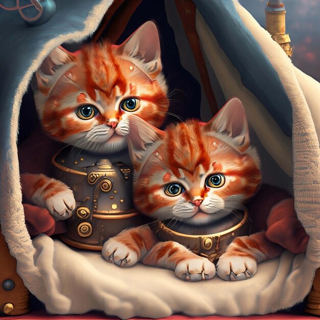 Gatitos adorables rojos steampunk 3d acurrucados juntos en una acogedora fortaleza de manta