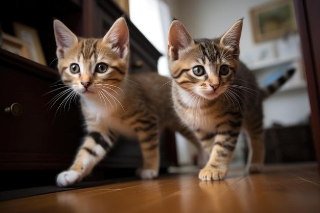 Gatitos juguetones que se persiguen por la casa creados con IA generativa