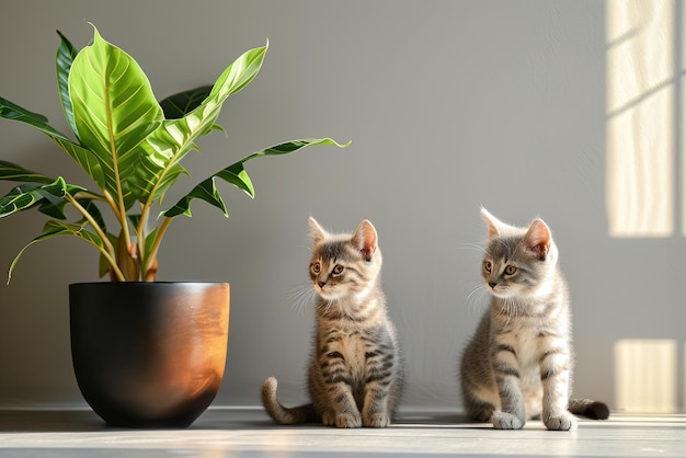 Los gatitos lindos sentados en el suelo de la habitación.