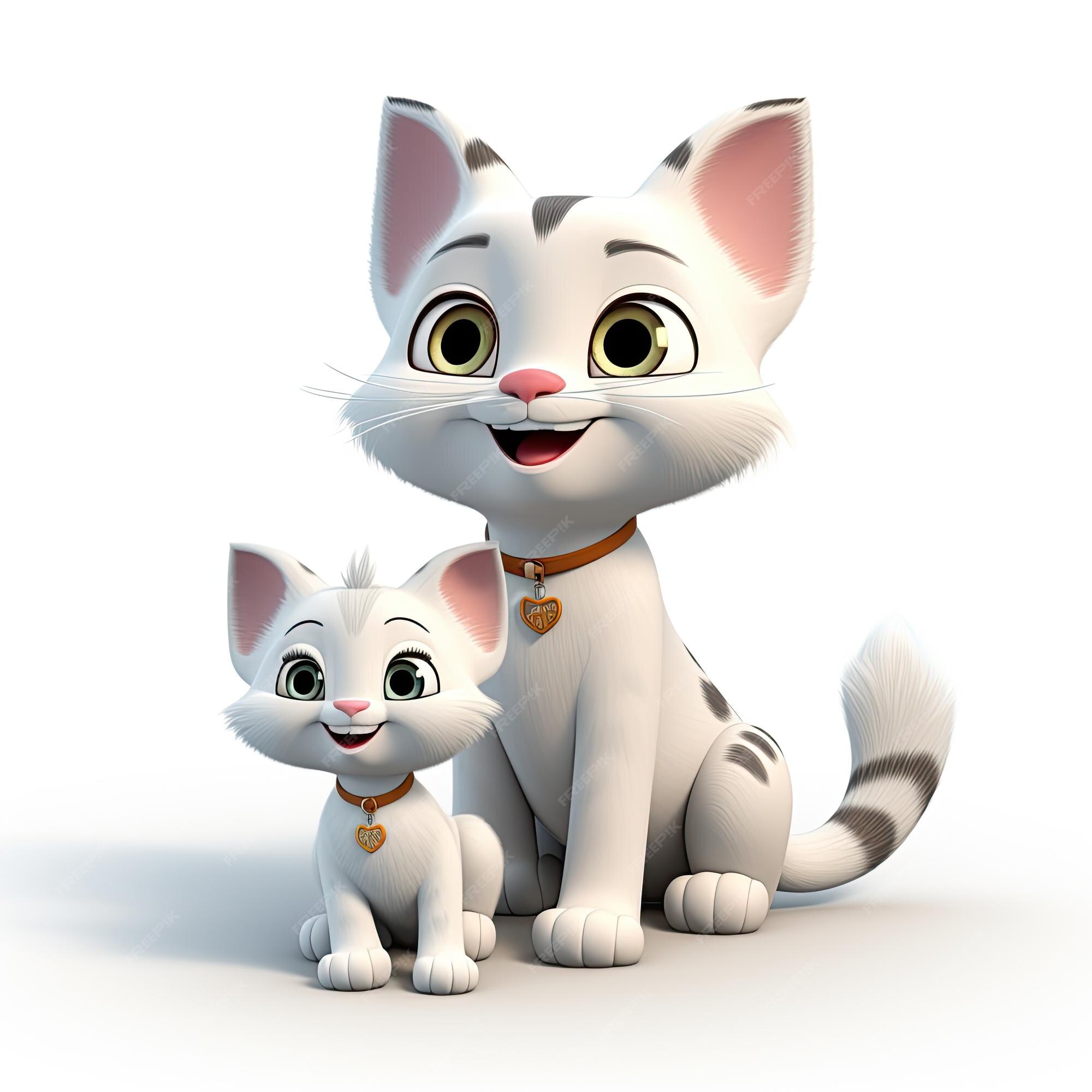 Gato 3d com um gatinho no estilo desenho animado da disney