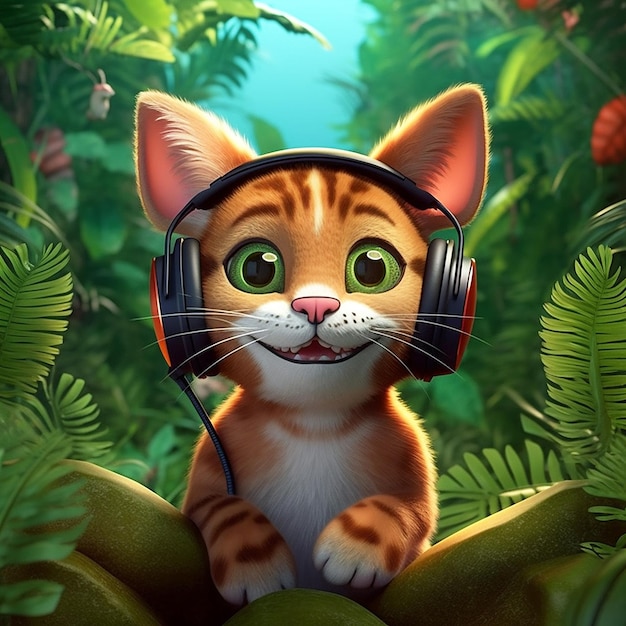 gato 3d dibujos animados escuchando música en auriculares ilustración