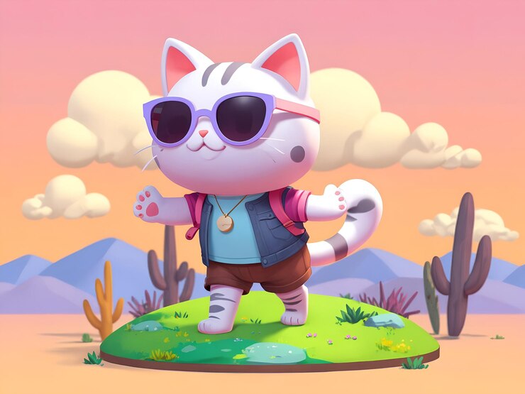 un gato 3D lindo de dibujos animados con gafas de sol y una chaqueta