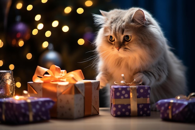 Foto gato a abrir a caixa de presentes capturado