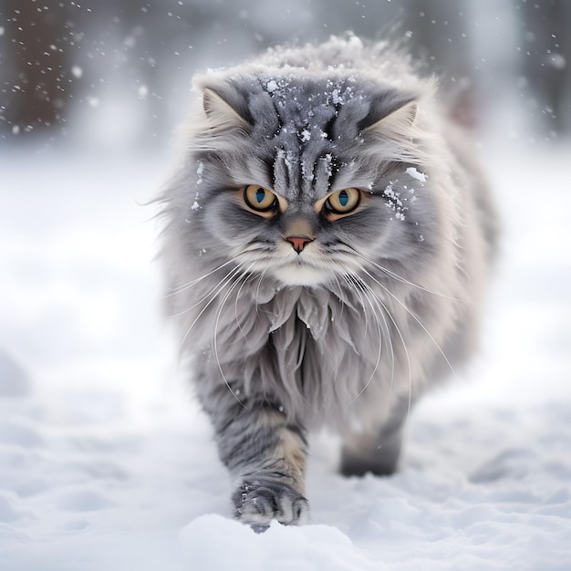 Gato a caminhar na neve.