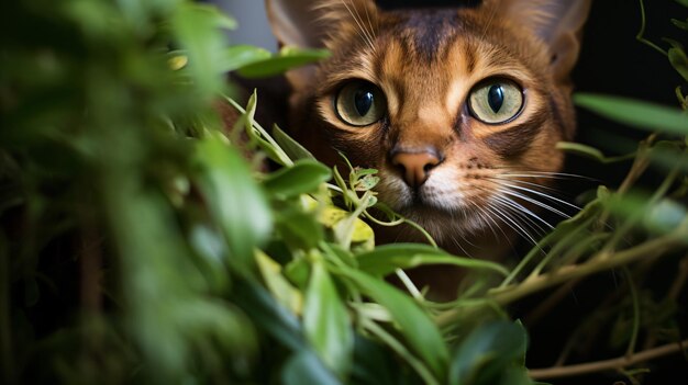 Foto gato abisinio devorando el follaje en el interior