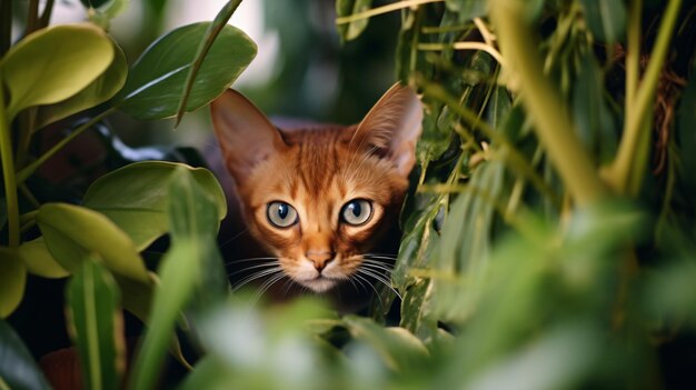 Gato abisinio devorando el follaje en el interior