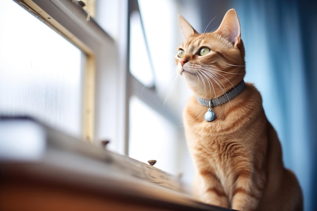 Gato abisinio posado en una ventana del ático llena de luz