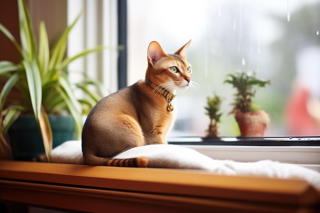 Foto gato abissinho em um assento de janela de baía acolchoada