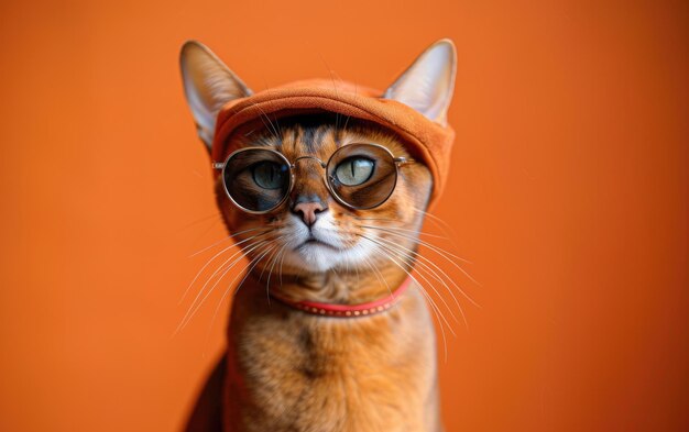 Gato abissiniano com óculos de sol e boné em um fundo profissional