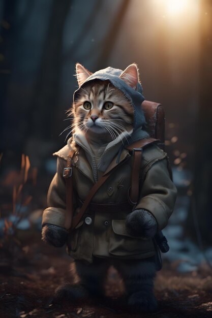Un gato con abrigo y mochila.