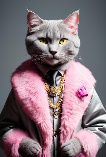 Un gato con un abrigo rosa y una chaqueta rosa con un cuello rosa y una corbata rosa.