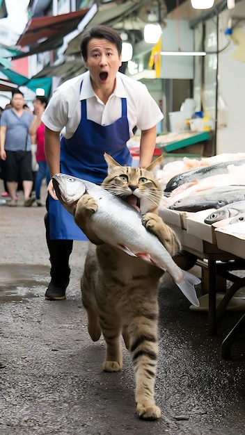 Foto un gato acaba de robar un pez en una tienda de pescadores y se escapa con él