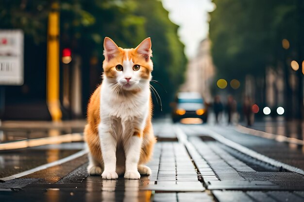 un gato en una acera mojada bajo la lluvia