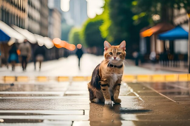 un gato en una acera mojada con el nombre ".