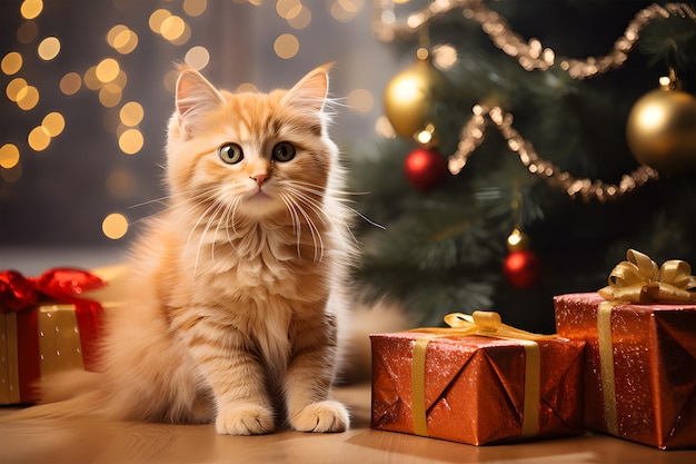 Foto gato acostado al lado de un árbol de navidad con regalos