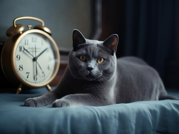 Un gato acostado al lado de un reloj que dice "12".