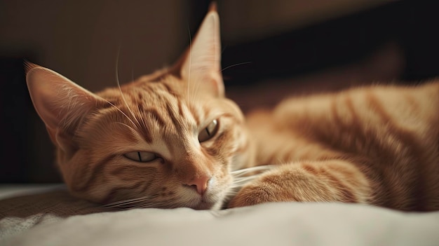 Un gato acostado en una cama con la cabeza sobre la almohada.