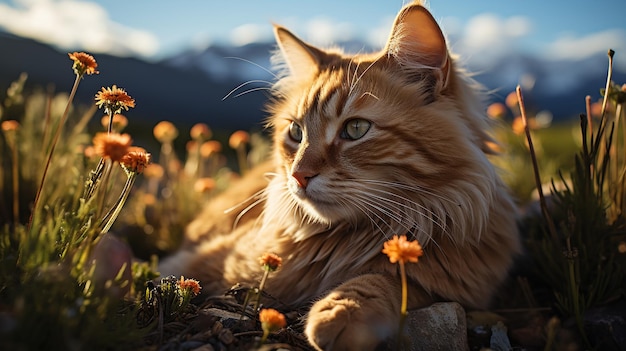 un gato acostado en un campo de flores