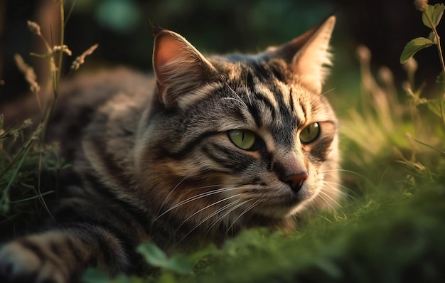 Un gato acostado en el césped