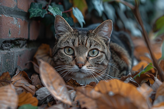 Foto un gato está acostado en las hojas y el gato está mirando a la cámara