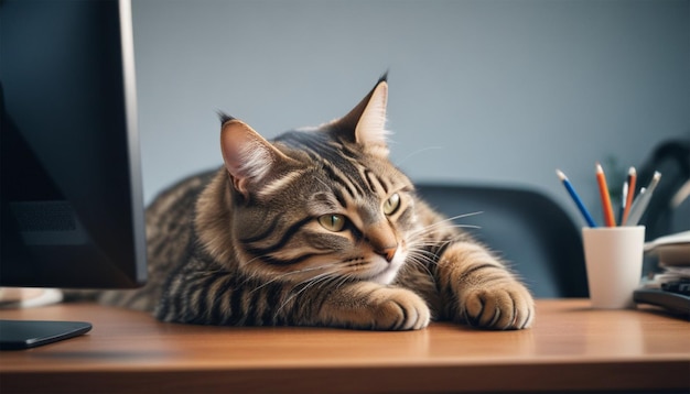 Foto un gato acostado en una mesa con el nombre en ella