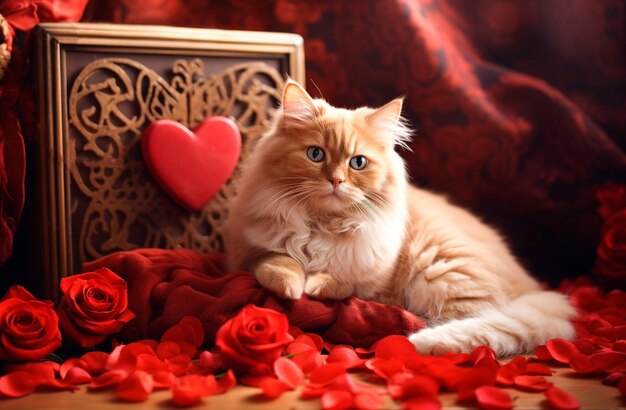 Foto gato acostado en rosas generadas por la ia