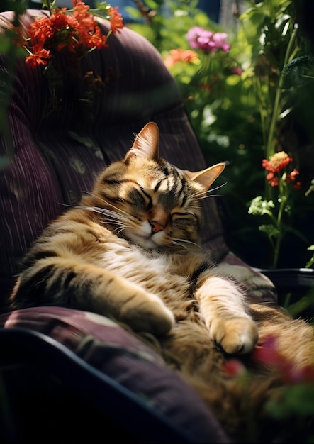 Un gato acostado en una silla doméstica en el jardín