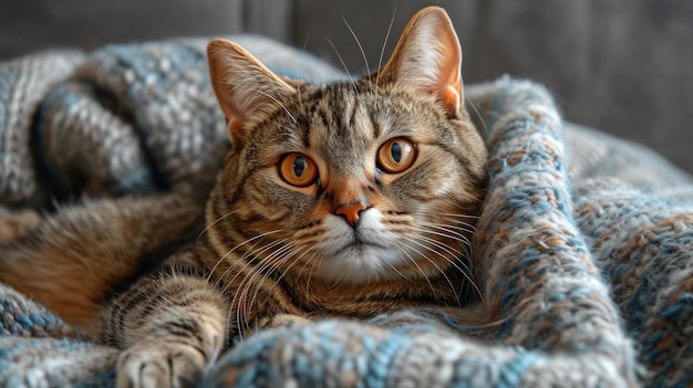 Un gato acostado sobre una manta con los ojos abiertos.