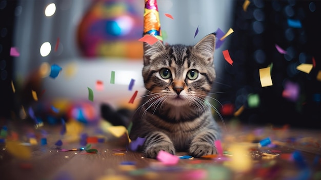 Un gato acostado sobre una mesa cubierta de confeti