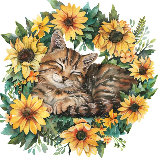 Gato de acuarela con una corona floral de primavera