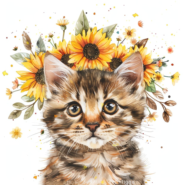 Gato de acuarela con una corona floral de primavera
